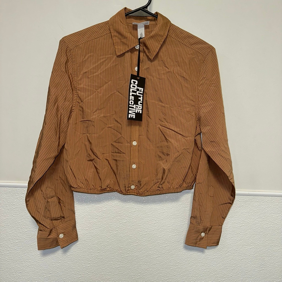 Women's Future Collective Striped Button-Up Shirt Brown/Black Size XS NWT NEW - Picture 6 of 11